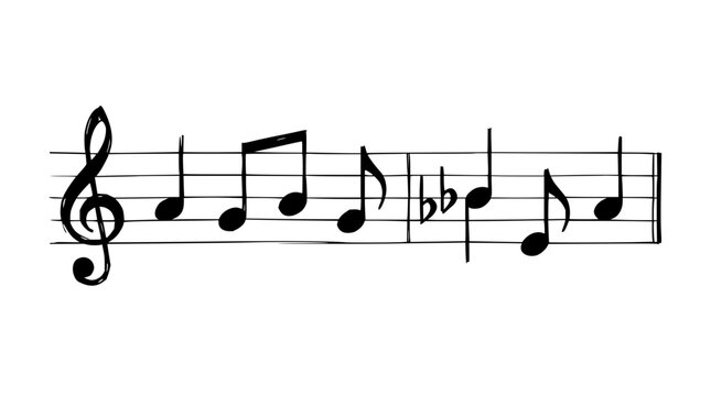 Music notes set with hand-drawn staff featuring clef, eighth notes, quarter notes, flat symbols with rests and lines