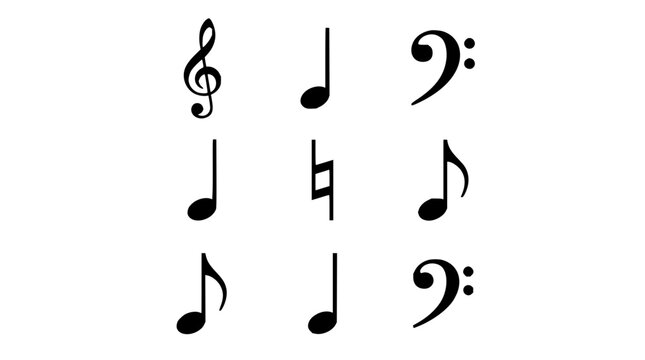 Music notes set with black silhouettes featuring treble clef, bass clef, eighth note, quarter note with whole note and sixteenth note