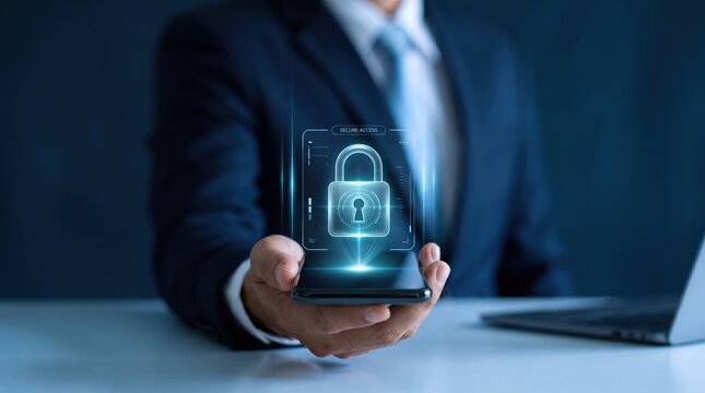 Business man in suit holding smartphone projecting glowing blue padlock hologram symbolizing secure access and data encryption, representing cybersecurity identity verification