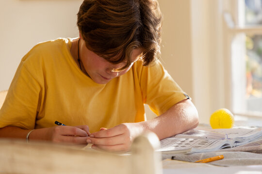 13 year old boy doing geometry homework in light filled room