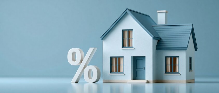 Ideal for real estate finance content, this clean 3D render pairs a miniature residential house with a bold percent symbol, visualizing mortgage rates, loan interest, and property.