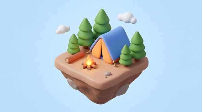 Isometric 3D render of a cute miniature camping site on a floating island with tent and trees