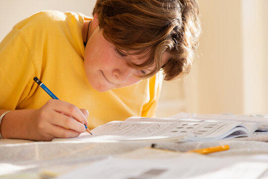 13 year old boy doing geometry homework in light filled room