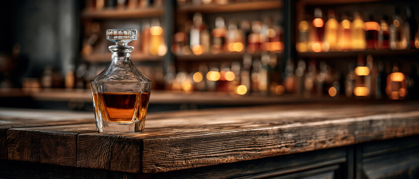 Moody craft spirits atmosphere amber whiskey bottle on aged wooden bar, glowing bokeh bottle lined shelves behind. Perfect for distillery branding, cocktail menus, or premium alcohol.