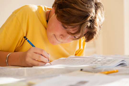 13 year old boy doing geometry homework in light filled room