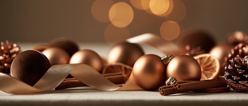 Sophisticated holiday mood board for premium brand campaigns. Copper matte baubles, satin ribbon, cinnamon sticks, dried orange, and pinecones glow under soft golden bokeh light.