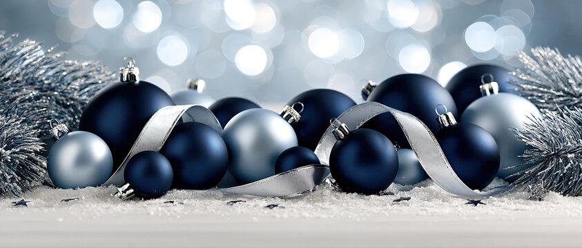 Luxurious holiday mood with matte navy and silver baubles, satin ribbon, and star confetti on snow. Bokeh light background ideal for festive banners, greeting cards, and seasonal campaigns.