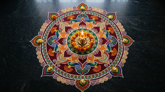 Colorful traditional Indian rangoli mandala design with lit diyas on dark floor