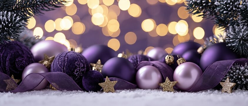 Elegant holiday mood board for designers deep purple and lavender baubles, gold glitter stars, velvet ribbon, and frosted pine on snow, bathed in warm golden bokeh. Perfect for premium.