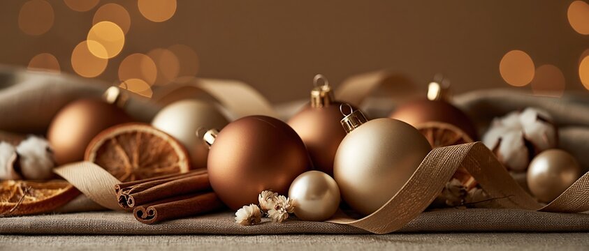 Cozy holiday mood captured in matte bronze and gold baubles, cinnamon sticks, dried orange slices, and ribbon on linen. Perfect for festive branding, seasonal cards, and luxury retail.