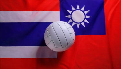 Fototapeta premium white volleyball placing between Thailand flag and Taiwan flag