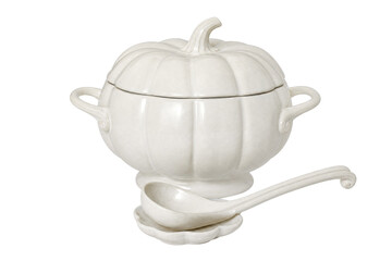Elegant white pumpkin-shaped ceramic soup tureen with a matching ladle and stand, photographed on a...