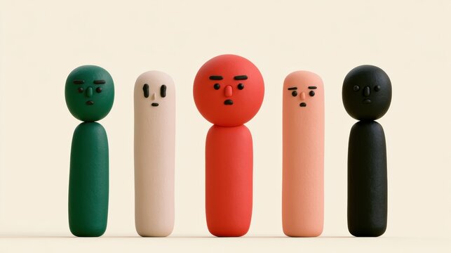 Figures made of soft clay display different expressions while observing each others body language using color cues in a neutral setting.