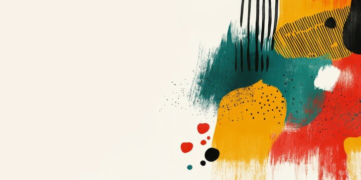 This minimalist abstract artwork features textured brush strokes in teal, yellow, red and black, paired with vertical line details and tiny dot accents, set against a pale off-white background.

