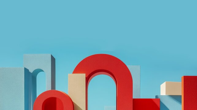 This minimalist 3D render features staggered matte red, beige and light blue arch-shaped geometric blocks, set against a solid bright light blue sky background, with clean lines 