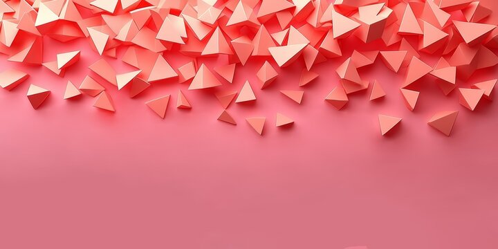 This minimalist 3D render features scattered coral-pink triangular prisms clustered at the top, set against a solid matte pink background, with soft shadows highlighting the geometric depth.


