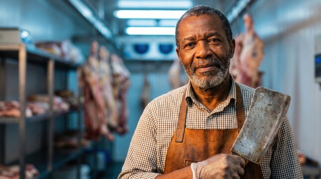Elderly African American butcher holding a cleaver in a meat processing plant cold storage with hanging carcasses, representing artisan butcher shop and meat processing industry