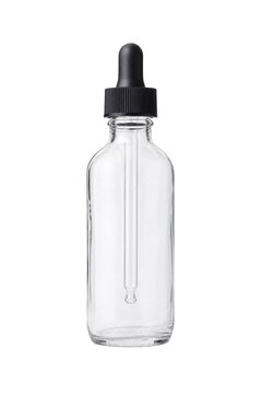 Empty clear glass dropper bottle with a black cap and pipette, isolated on a clean white background, perfect for product mockups