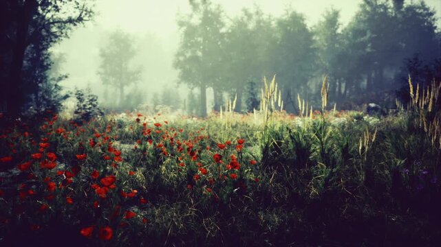 Misty poppy meadow at sunrise, red flowers scattering across dewkissed grass, soft fog drifting toward distant treeline, tranquil pastoral mood perfect