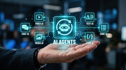 Obraz premium AI Agents Concept Hologram Floating Above Human Hand Illustrating Artificial Intelligence Automation and Machine Learning Technology Solutions