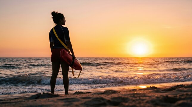 Female lifeguard watching sunset on beach holding rescue can representing vigilance and safety