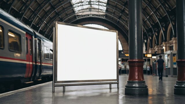 Blank billboard mockup at a train station platform for advertising and marketing campaigns