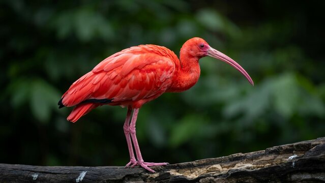 Scarlet Ibis bird standing on a branch in a lush tropical forest environment