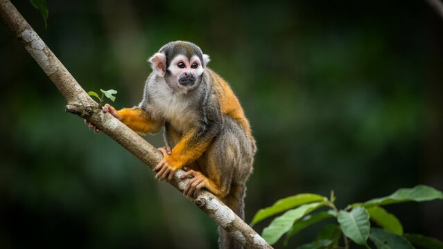 Common squirrel monkey sitting on a tree branch in the tropical rainforest jungle habitat.