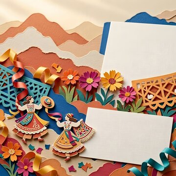 Chilean Fiestas Patrias Paper Cut Art Frame Background with Blank Cards Cueca Dancers Ribbons and Copihue Floral Elements