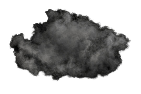 Large, dense, dark gray smoke cloud billows and spreads across a clean white background, creating a dramatic and isolated effect