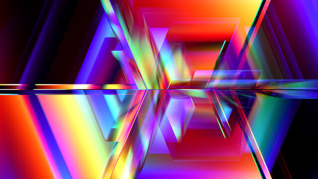 Abstract symmetrical geometric background with luminous glass cube and vivid prismatic colors. Futuristic geometric glass structure with intense spectral colors for creative visual projects. 3d render