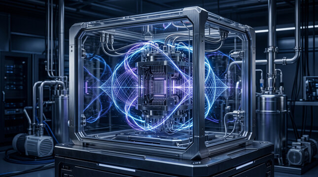 Futuristic glowing glass quantum computer reactor with energy fields in laboratory