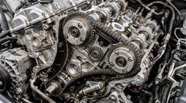 Close-up view of internal combustion engine timing chain and gears, automotive repair, mechanic maintenance service, vehicle machinery parts, industrial technology, auto workshop
