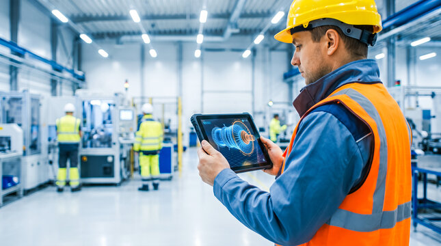 Male factory worker wearing yellow hardhat and orange safety vest holding rugged digital tablet displaying glowing blue holographic turbine engine virtual 3d model
