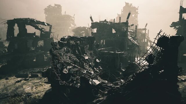 Rusting machinery collapsed structures bathed in soft golden light, cracked pavement, corroded steel beams and lingering morning fog suggesting quiet ruin