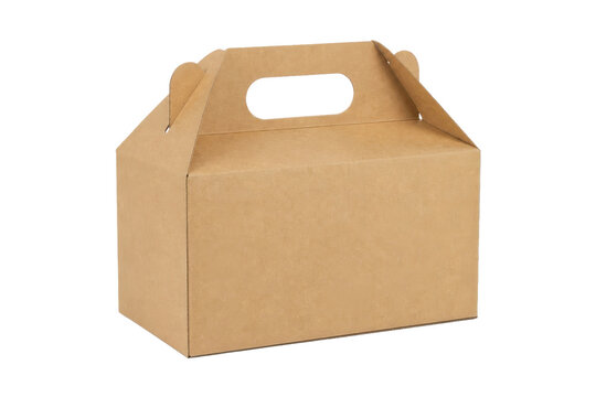Single brown cardboard gable box with a handle is isolated on a clean white background, showcasing its simple design