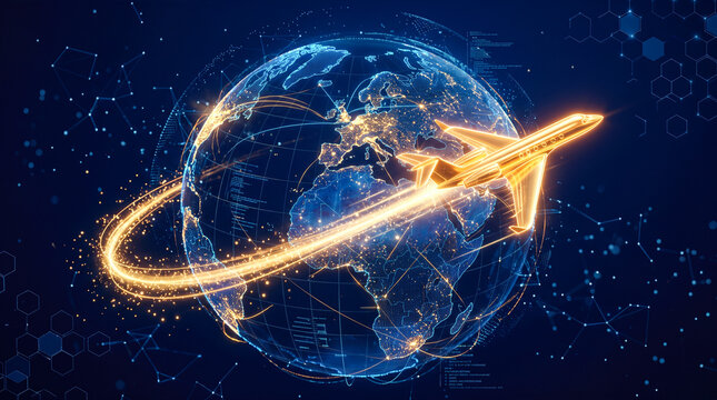 Shiny golden passenger airplane flying rapidly around glowing digital earth globe leaving fiery light trail across deep blue space with abstract network nodes