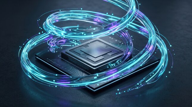 A vibrant digital illustration of a microchip surrounded by glowing blue and purple energy waves.