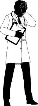 Silhouette doctor man stressed or upset medical healthcare person. In a lab coat holding a clipboard.