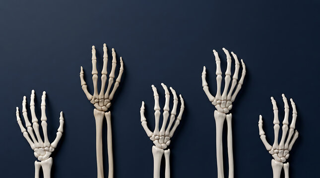 Five human skeletal hands and wrists are carefully arranged against a dark navy blue backdrop for anatomical research and study