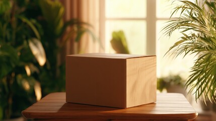 Fototapeta premium Box sits on a wooden table surrounded by green plants and sunlight in a bright room