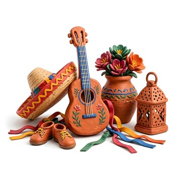 Clay Sculpted Chilean Fiestas Patrias Display with Handmade Clay Guitar, Chupalla Straw Hat, Clay Flower Vase, Lantern, Shoes, and Colorful Ribbons on White Background