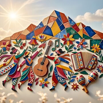 Mosaic Relief Wall Art depicting Chilean Dancers, Guitar, Accordion, Maracas, Flowers, and Andes Mountains under Sunshine for Fiestas Patrias Celebration
