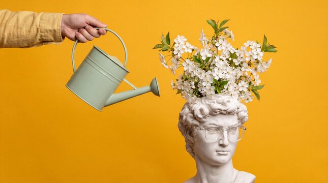 Hand watering blooming flowers in a classical statue head on a yellow background, 8k Resolution