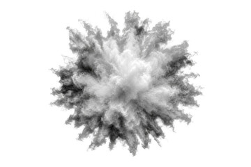 Naklejka premium Dynamic black and white smoke explosion creating a swirling cloud of dust and particles against a clean white background