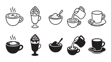 Obraz premium Set of coffee and hot beverage icons in outline and silhouette styles showing preparation and cups with beverage