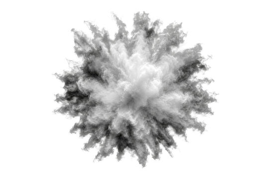 Dynamic black and white smoke explosion creating a swirling cloud of dust and particles against a clean white background