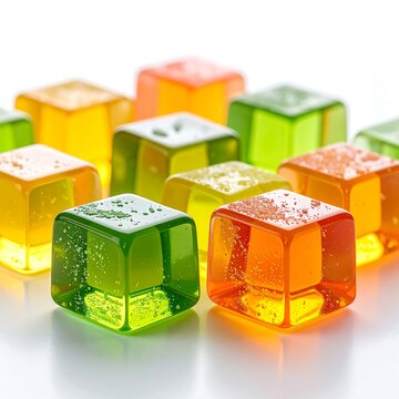 Colorful translucent gelatin cubes on white background.