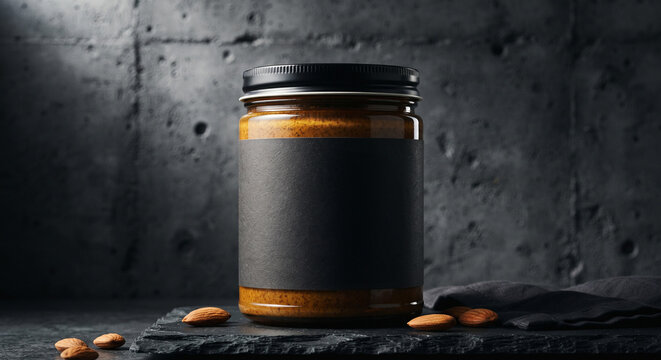 A modern, moody commercial shot of an amber glass jar of organic almond butter against a textured grey concrete wall, strong rim lighting highlighting the jar's contour and the rich golden-brown paste