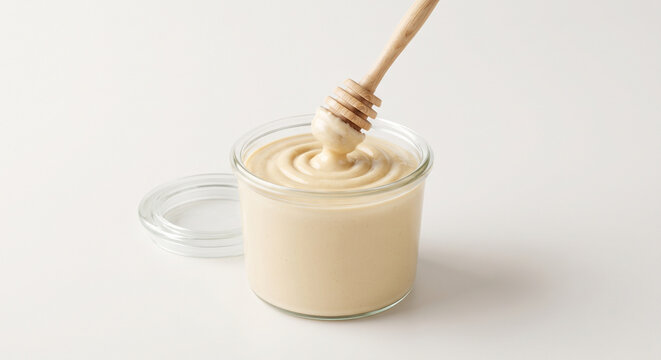 A minimalist commercial product shot of a smooth glass jar filled with pale ivory cashew butter, a wooden honey dipper creating a soft swirl on top, clean off-white background, bright airy studio ligh